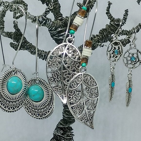 SALE!! 3 Pair BOHO ETHNIC EARRINGS, Silvery, Faux Turq BLUE BUNNY'S BOHO BAUBLES - Picture 7 of 11